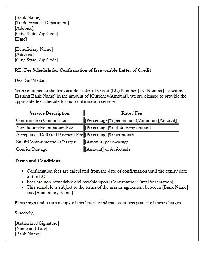 Fee Schedule Letter for Confirmation of Irrevocable Letter of Credit
