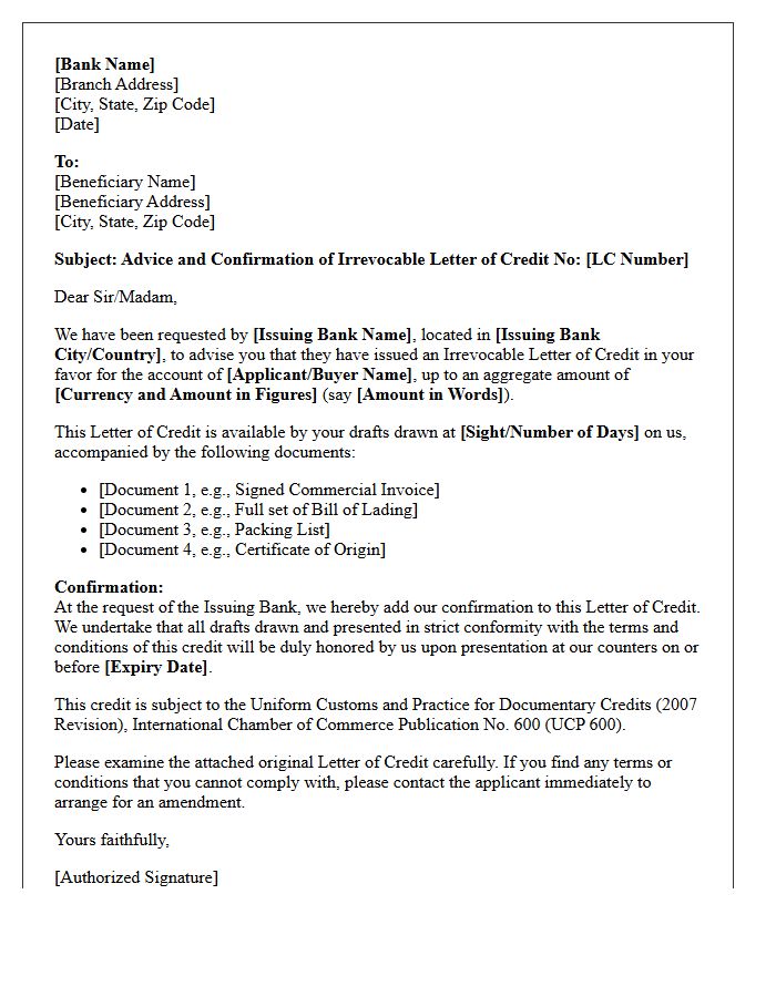 Letter of Advice and Confirmation for Irrevocable Letter of Credit