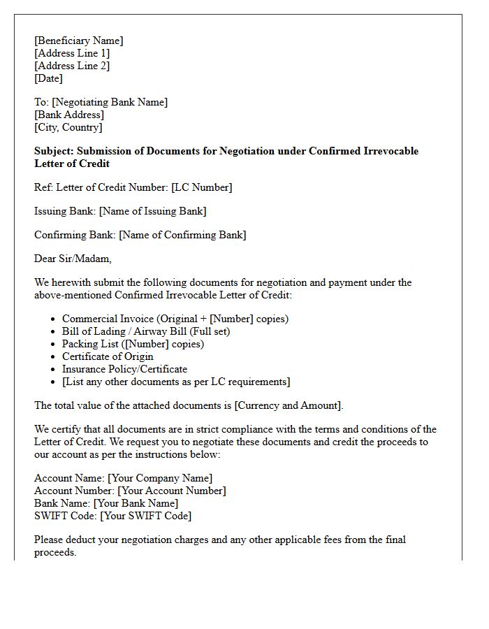 Negotiation Letter for Confirmed Irrevocable Letter of Credit