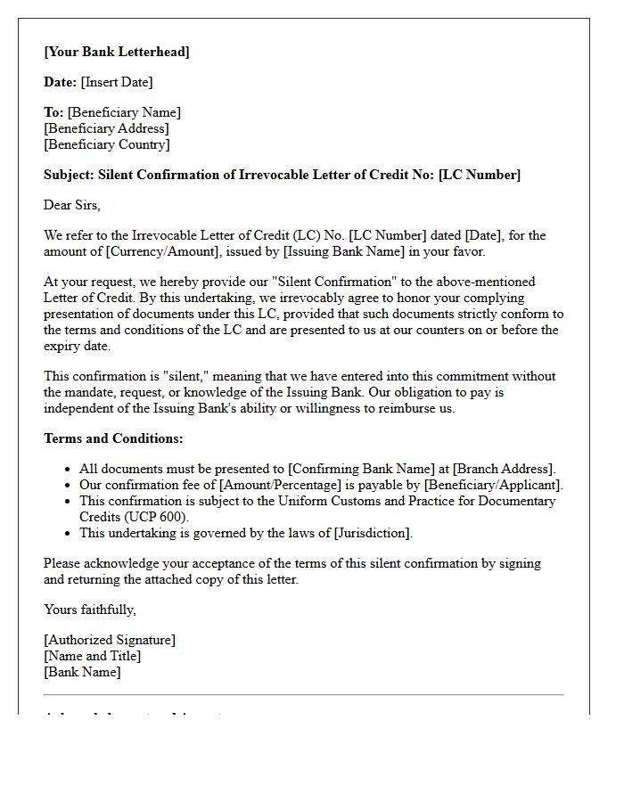 Silent Confirmation Letter for Irrevocable Letter of Credit