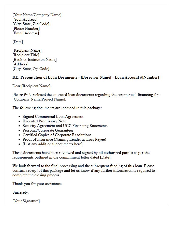 Cover Letter For Presentation Of Commercial Loan Documents