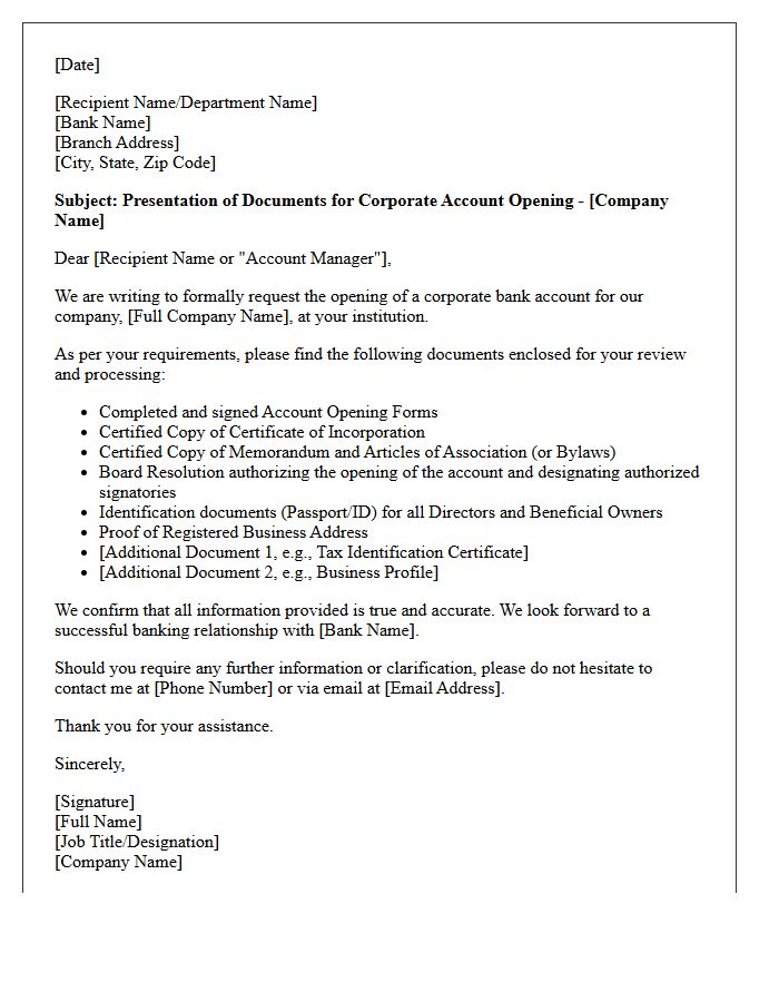 Cover Letter For Presentation Of Corporate Account Opening Documents