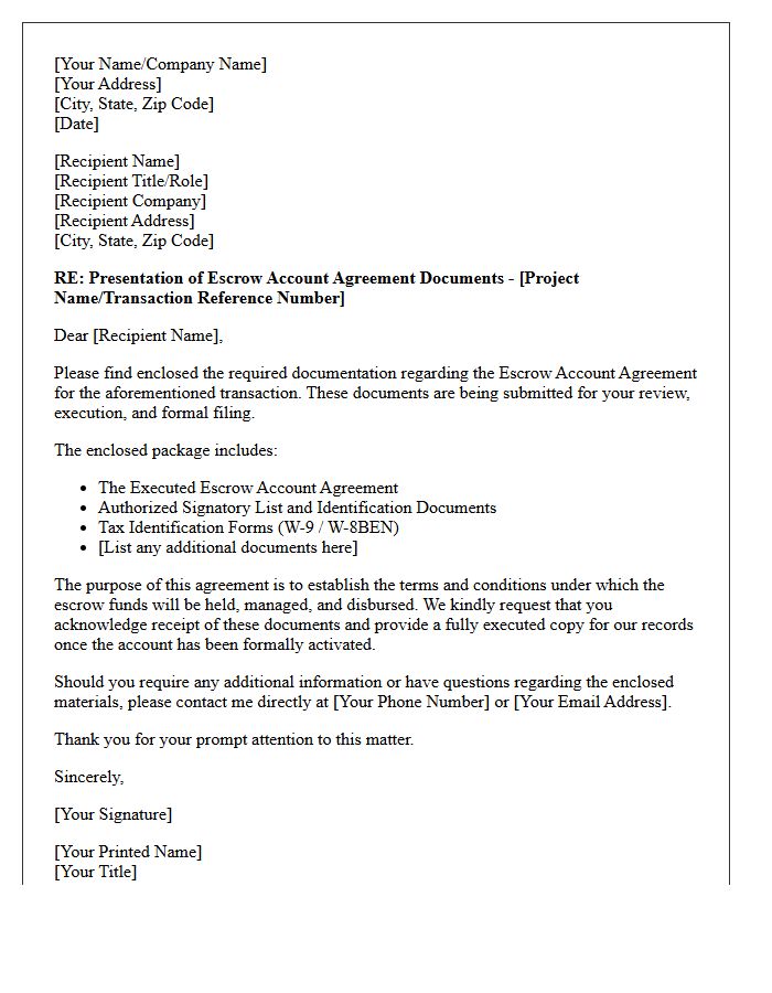 Cover Letter For Presentation Of Escrow Account Agreement Documents