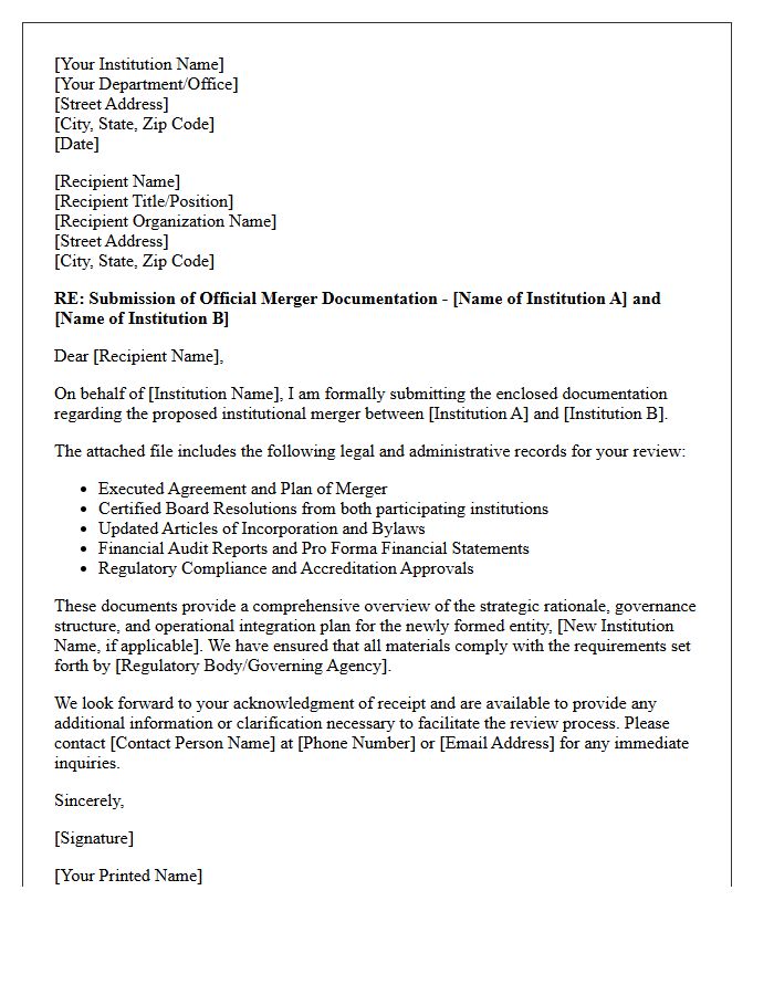 Cover Letter For Presentation Of Institutional Merger Documents