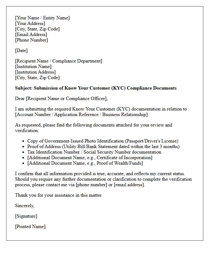 Cover Letter For Presentation Of Know Your Customer Compliance Documents