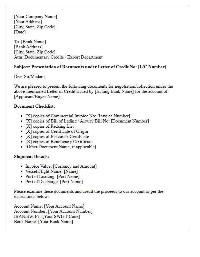 Cover Letter For Presentation Of Letter Of Credit Trade Documents