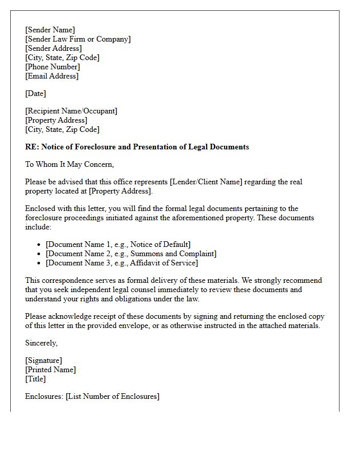 Cover Letter For Presentation Of Property Foreclosure Legal Documents