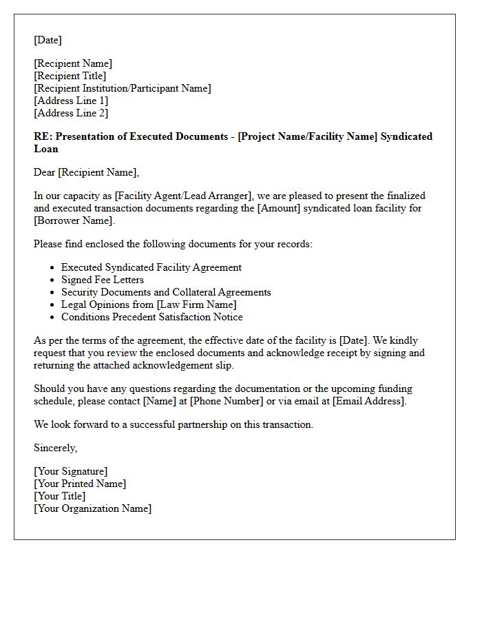 Cover Letter For Presentation Of Syndicated Loan Agreement Documents