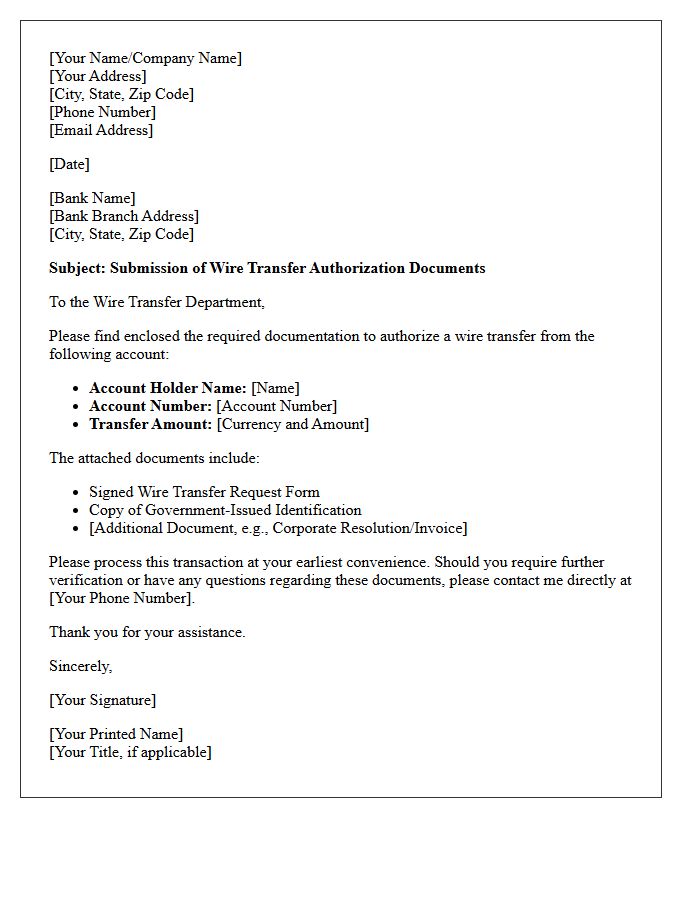 Cover Letter For Presentation Of Wire Transfer Authorization Documents
