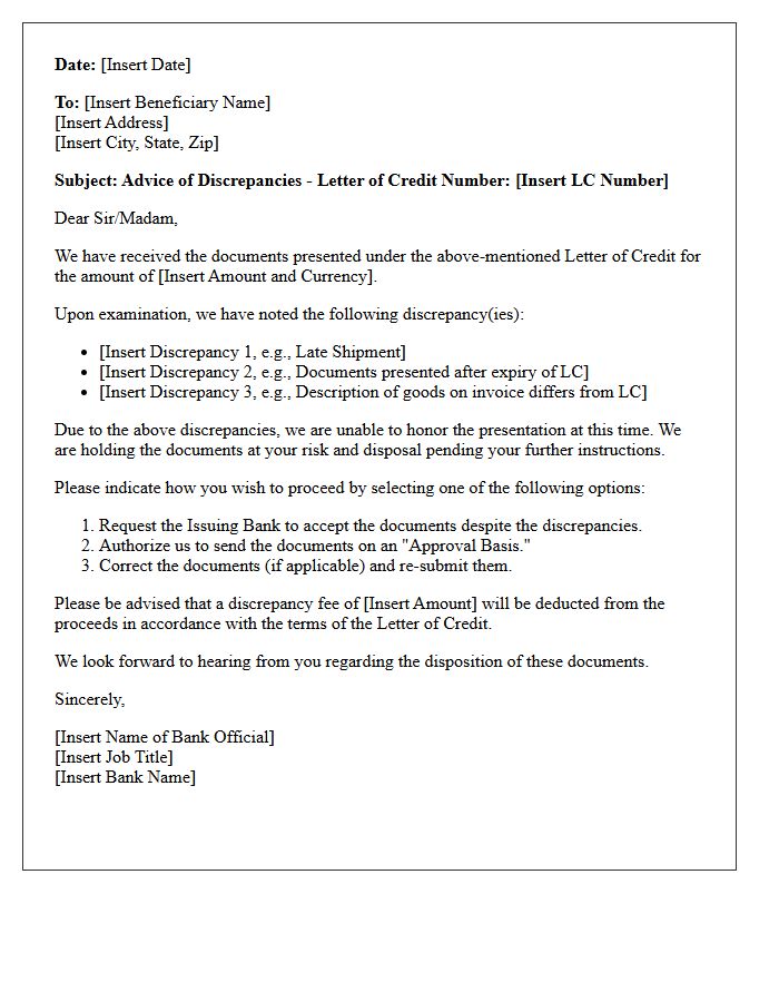 Bank Advice Letter of Discrepant Export Documents