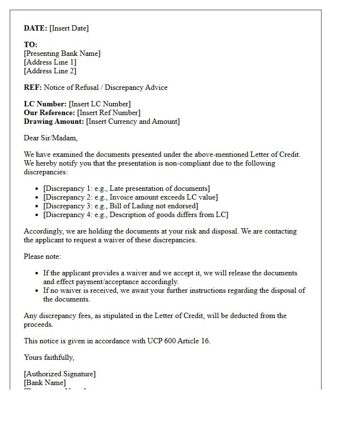 Bank Notice Letter of Discrepant Trade Documents