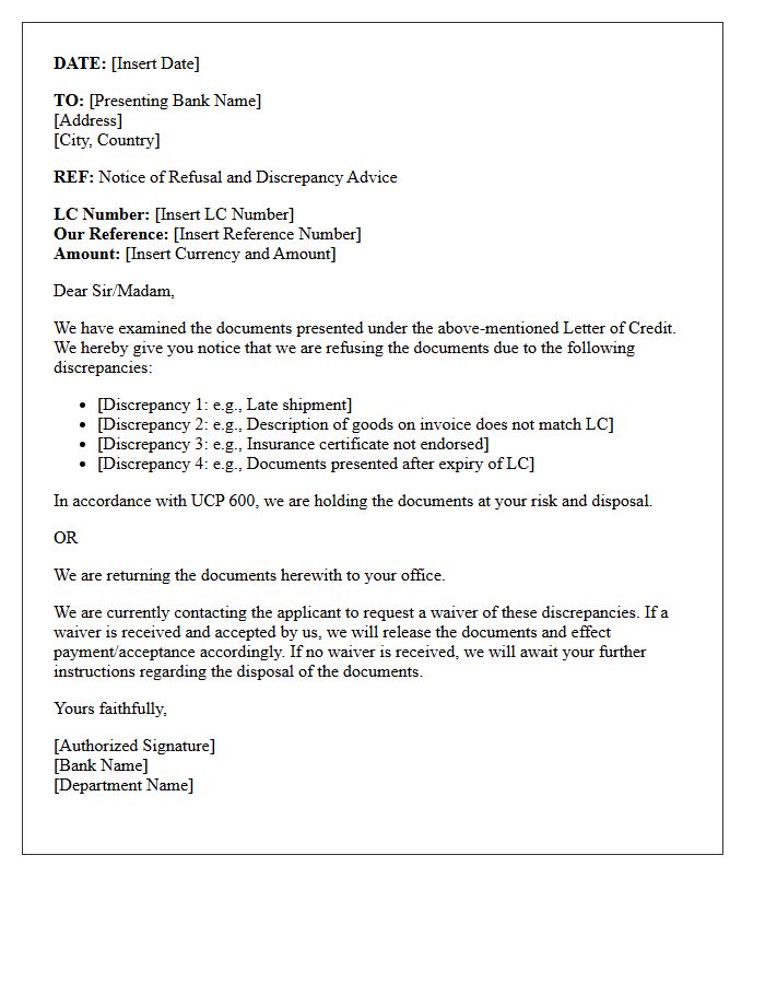 Discrepant Documents Payment Refusal Letter