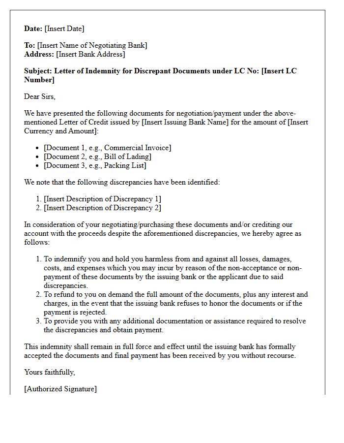 Exporter Letter of Indemnity for Discrepant Documents