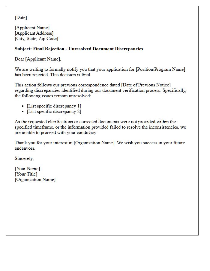 Final Rejection Letter for Unresolved Discrepant Documents