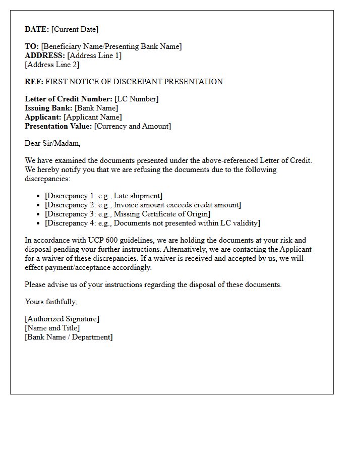First Notice Letter of Discrepant Presentation