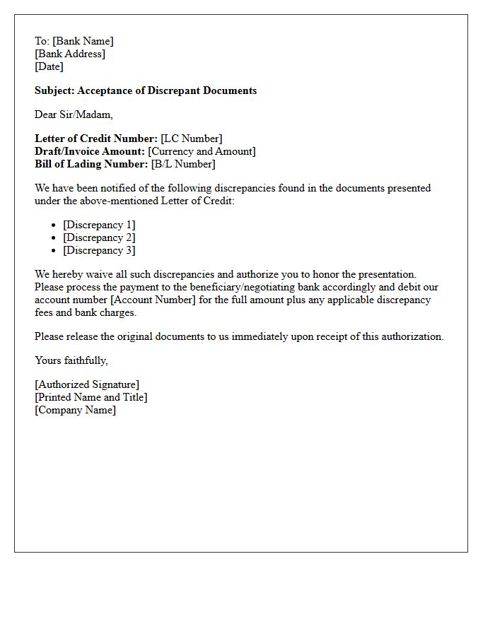 Importer Acceptance Letter for Discrepant Documents