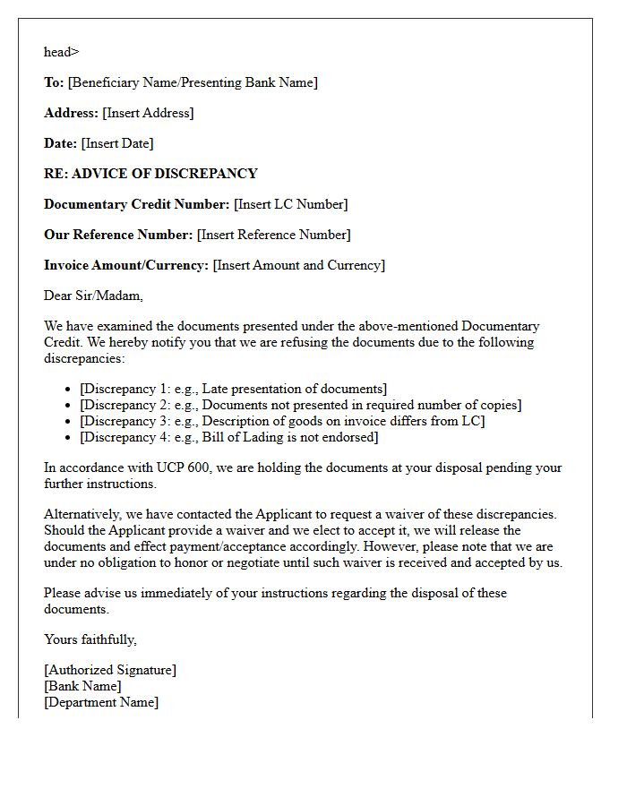 Letter of Discrepancy Advice Under Documentary Credit