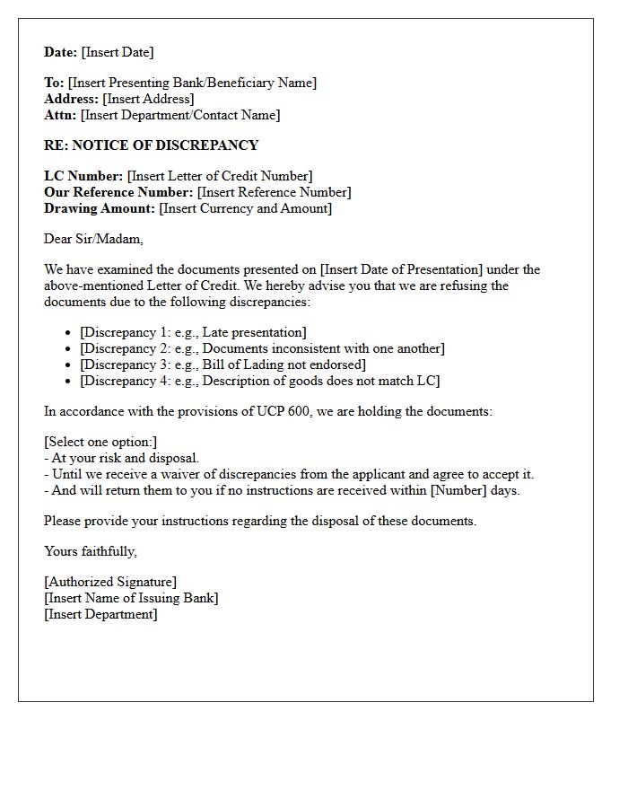 Letter of Notice of Discrepant Documents Under Letter of Credit