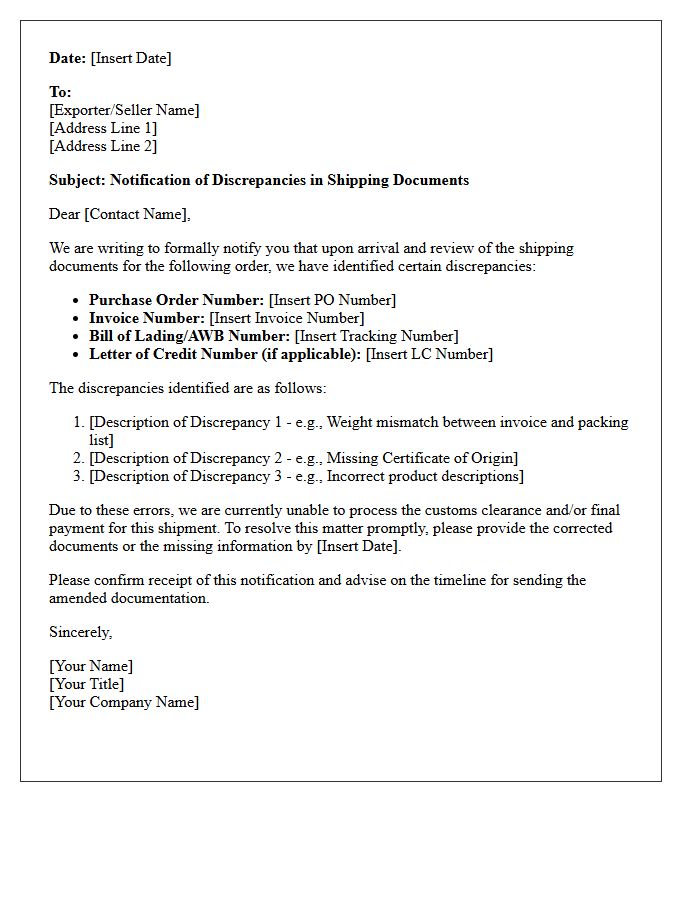 Letter of Notification Regarding Discrepant Shipping Documents