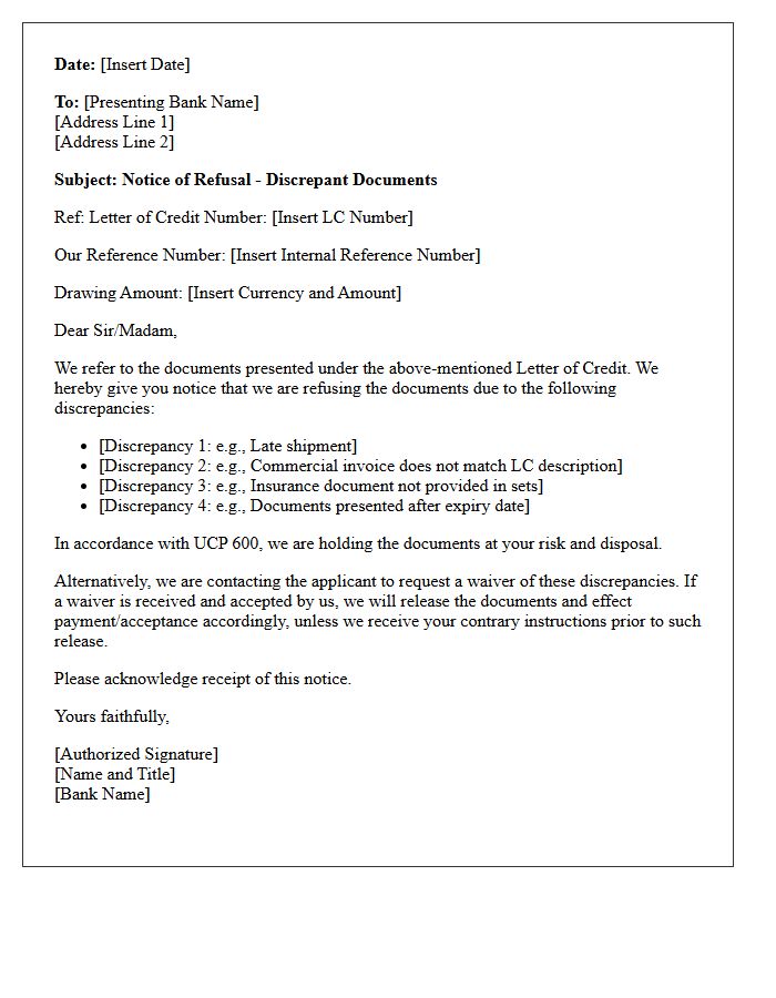 Letter of Refusal Due to Discrepant Documents