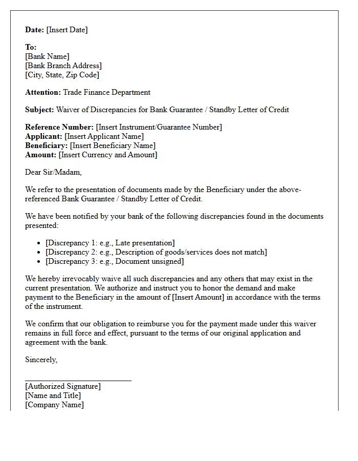 Bank Guarantee Applicant Waiver of Discrepancies Letter