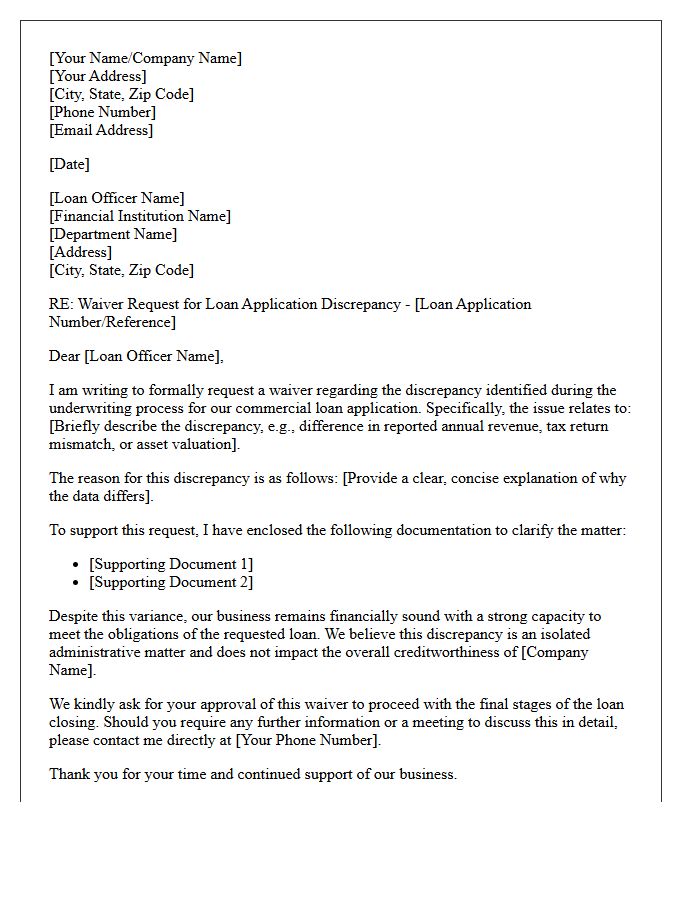 Commercial Loan Applicant Discrepancy Waiver Request Letter