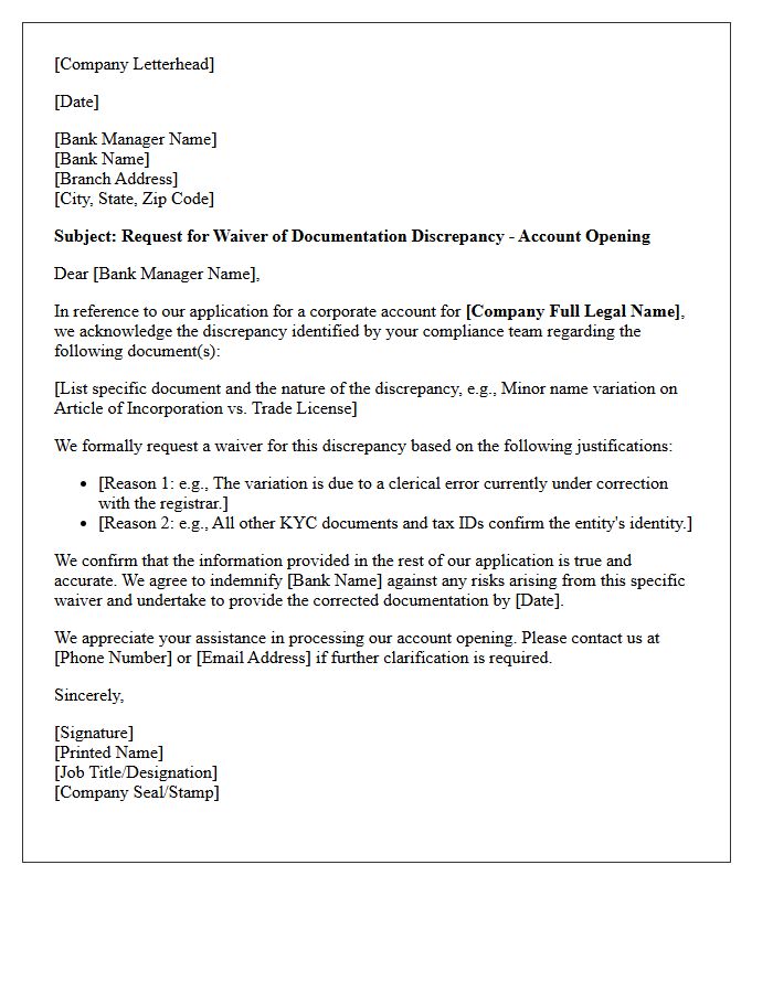 Corporate Account Opening Discrepancy Waiver Request Letter
