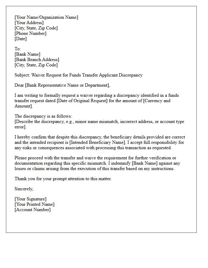 Funds Transfer Applicant Discrepancy Waiver Request Letter