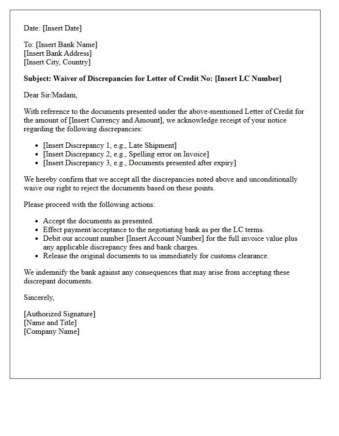 Import Document Discrepancy Waiver Request Letter by Applicant