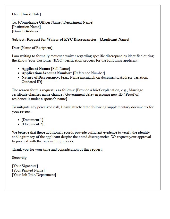 Letter of Request for Applicant Waiver of KYC Discrepancies