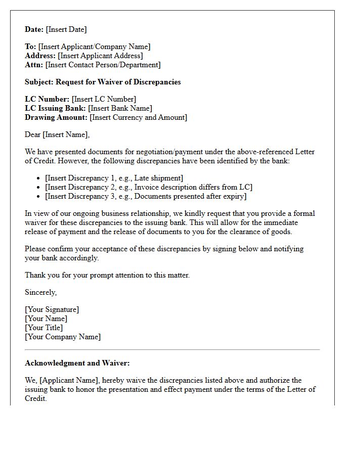 Letter Requesting Applicant Waiver for Letter of Credit Discrepancies