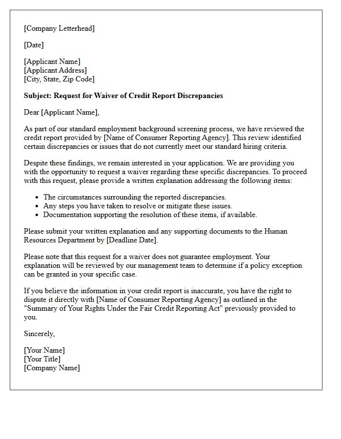 Letter Requesting Applicant Waiver of Credit Report Discrepancies