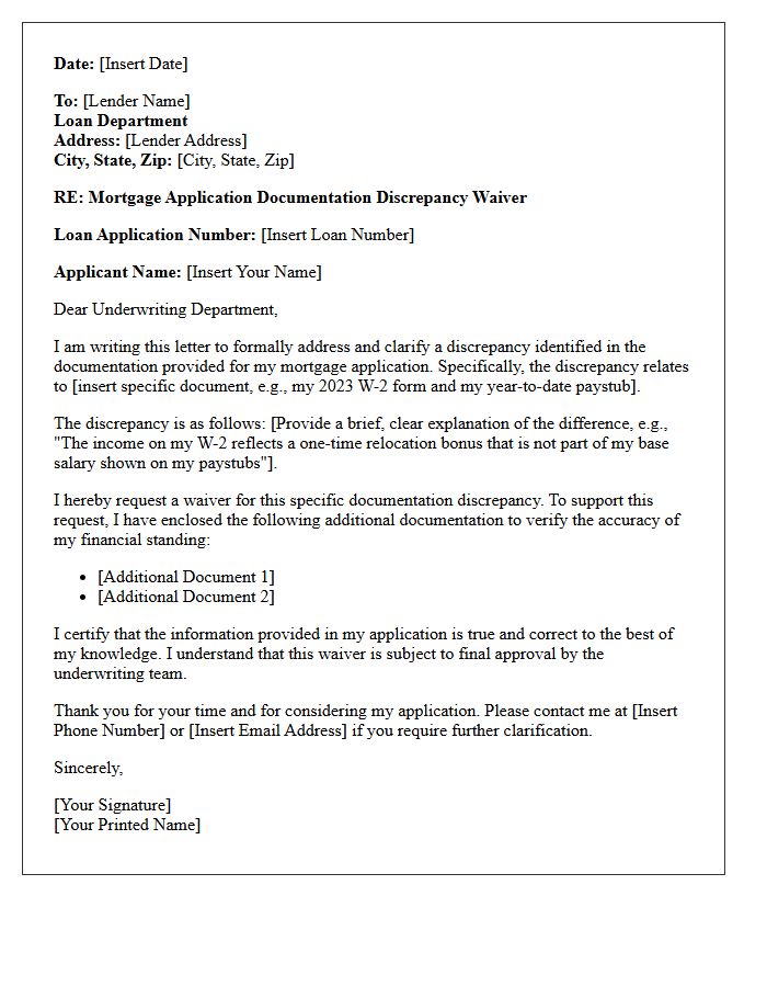 Mortgage Application Documentation Discrepancy Waiver Letter