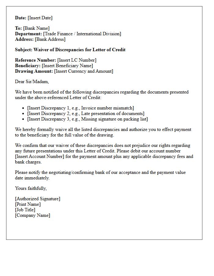 Trade Finance Applicant Discrepancy Waiver Request Letter