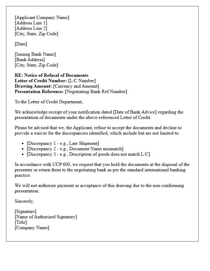 Letter of Applicant Refusal Regarding Letter of Credit Presentation Discrepancies