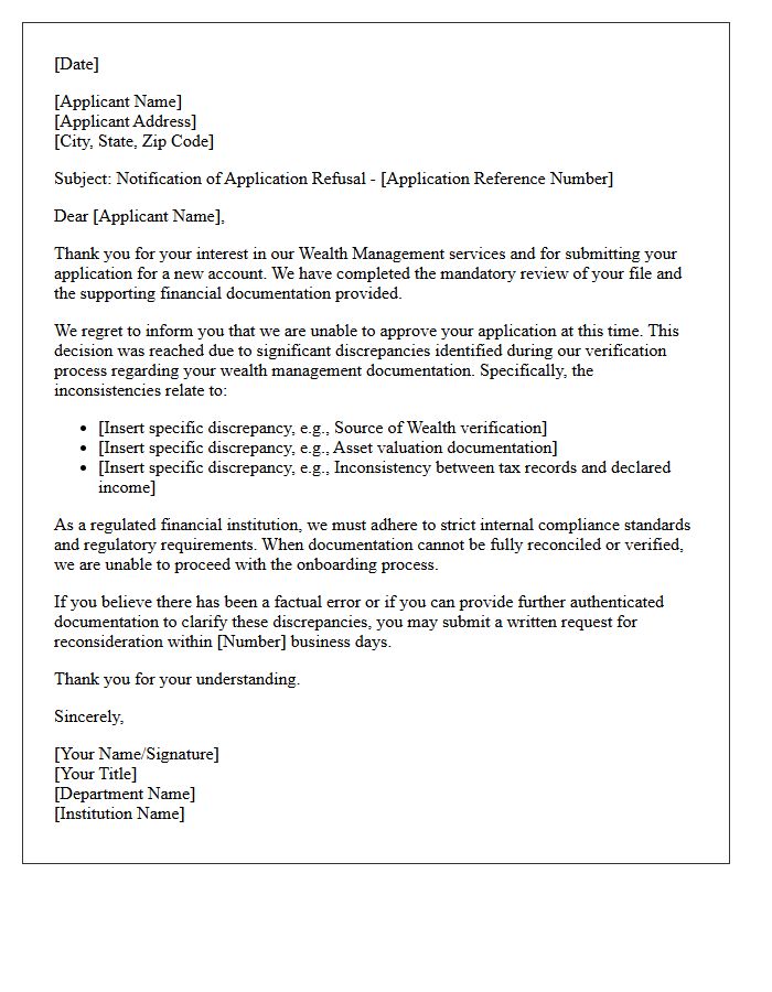 Letter of Applicant Refusal Regarding Wealth Management Documentation Discrepancies