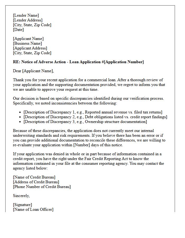 Letter of Notice for Applicant Refusal of Commercial Loan Discrepancies