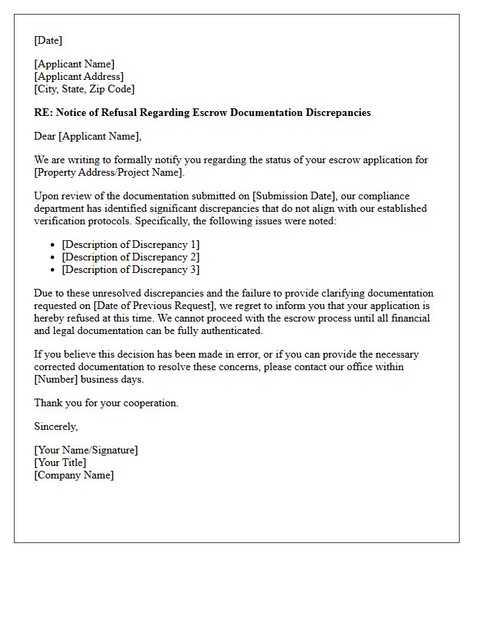 Letter of Notice for Applicant Refusal of Escrow Documentation Discrepancies