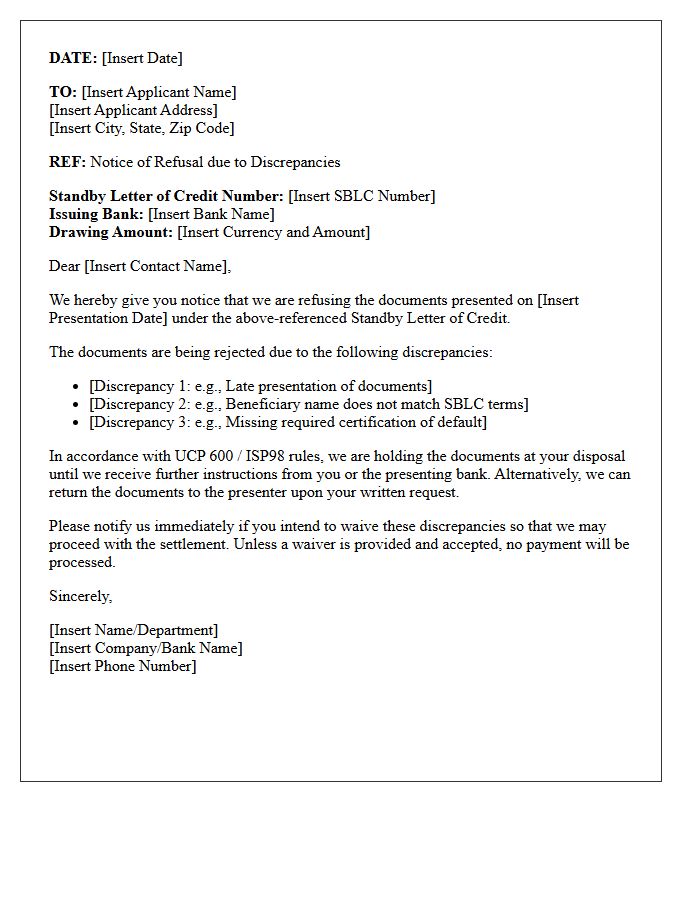 Letter of Notice for Applicant Refusal of Standby Letter of Credit Discrepancies