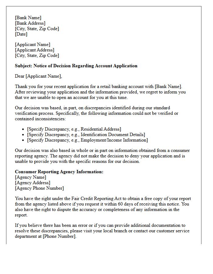 Letter Regarding Applicant Refusal of Retail Banking Account Discrepancies