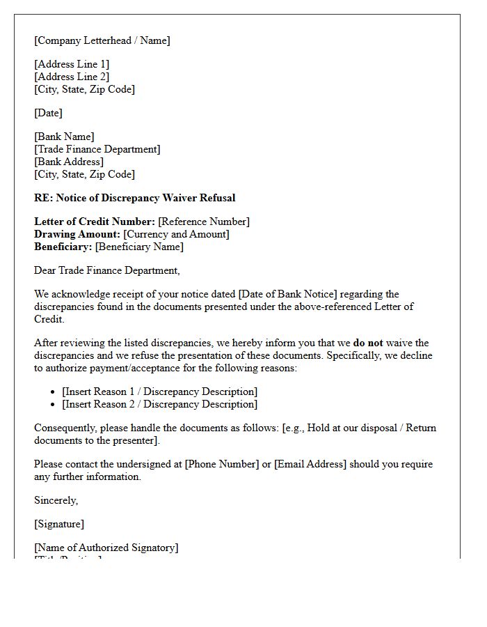 Letter Regarding Applicant Refusal of Trade Finance Document Discrepancies