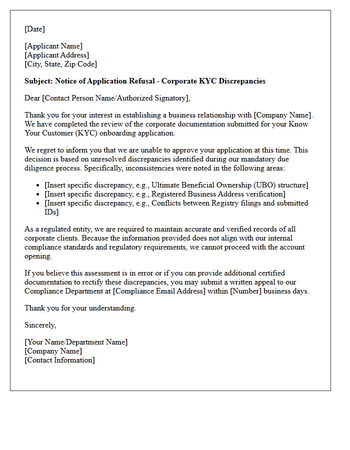 Notice Letter Concerning Applicant Refusal of Corporate KYC Discrepancies
