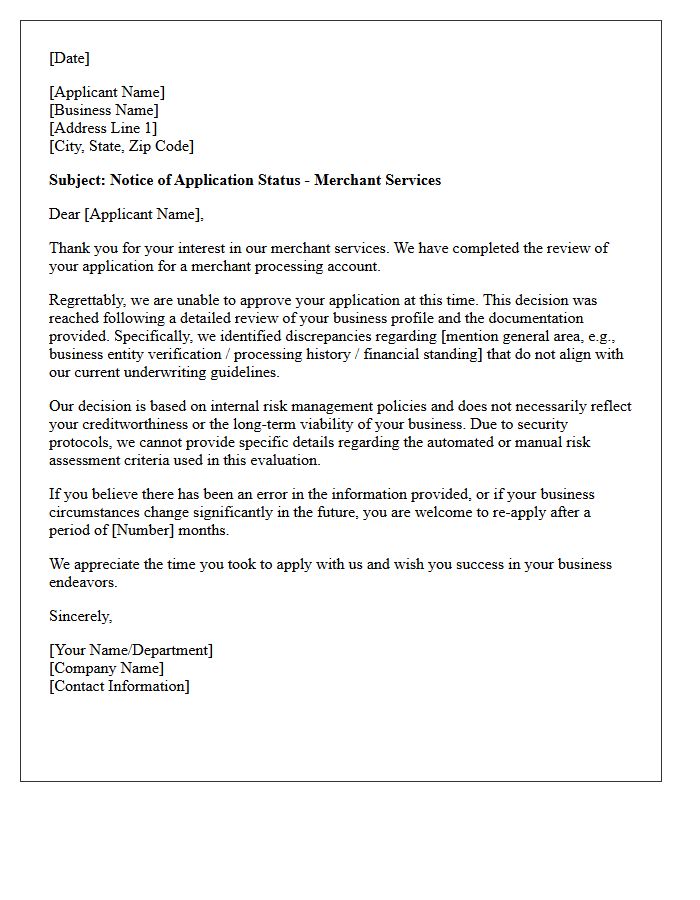 Notice Letter of Applicant Refusal Concerning Merchant Services Discrepancies
