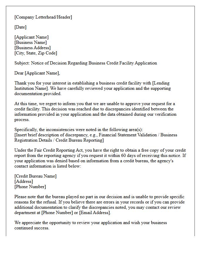 Notice Letter of Applicant Refusal for Business Credit Facility Discrepancies