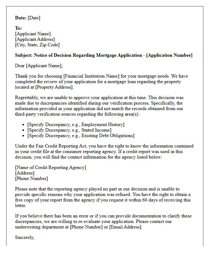 Notice Letter of Applicant Refusal for Mortgage Application Discrepancies