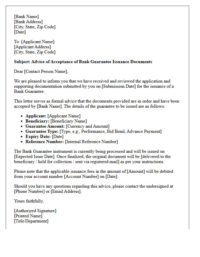 Letter of Advice of Acceptance of Bank Guarantee Issuance Documents