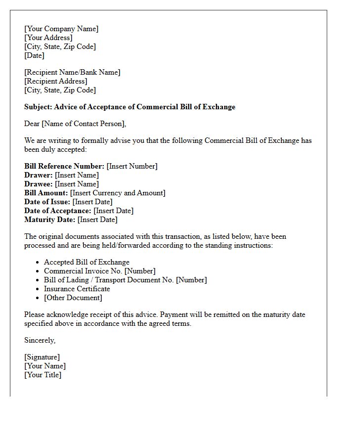 Letter of Advice of Acceptance of Commercial Bill of Exchange Documents