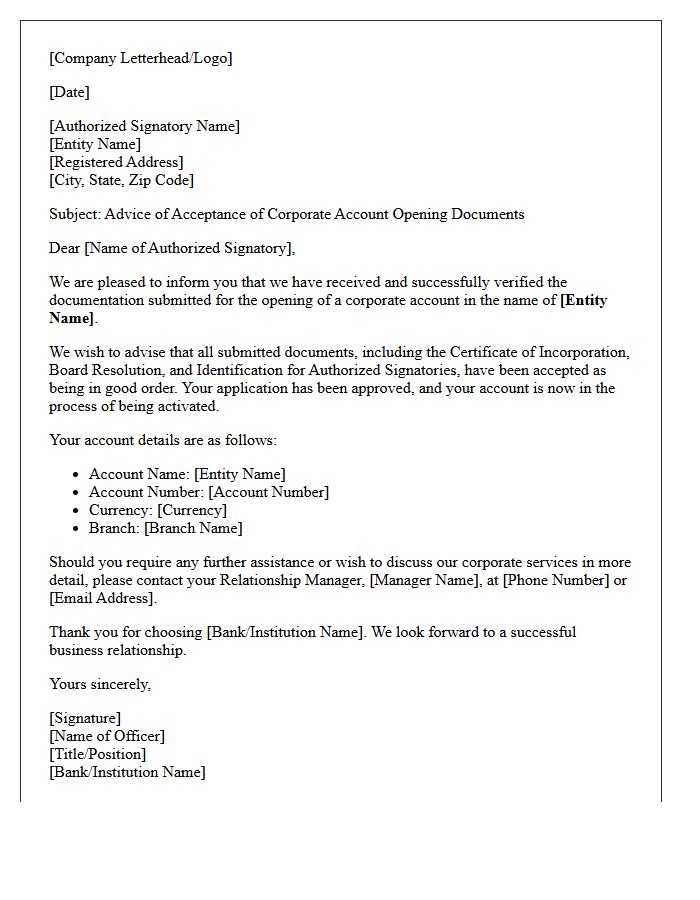 Letter of Advice of Acceptance of Corporate Account Opening Documents
