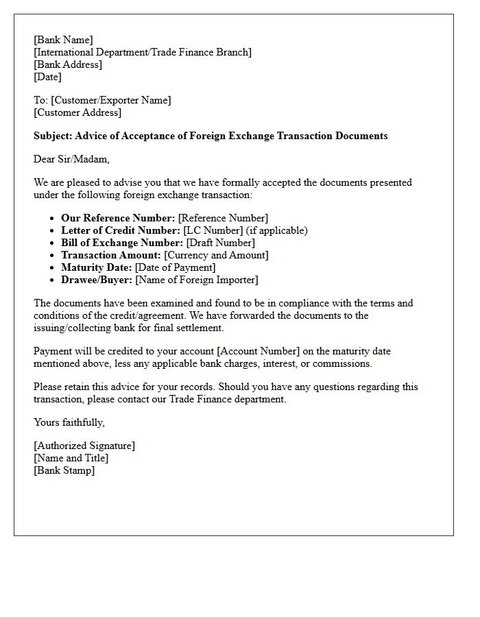 Letter of Advice of Acceptance of Foreign Exchange Transaction Documents