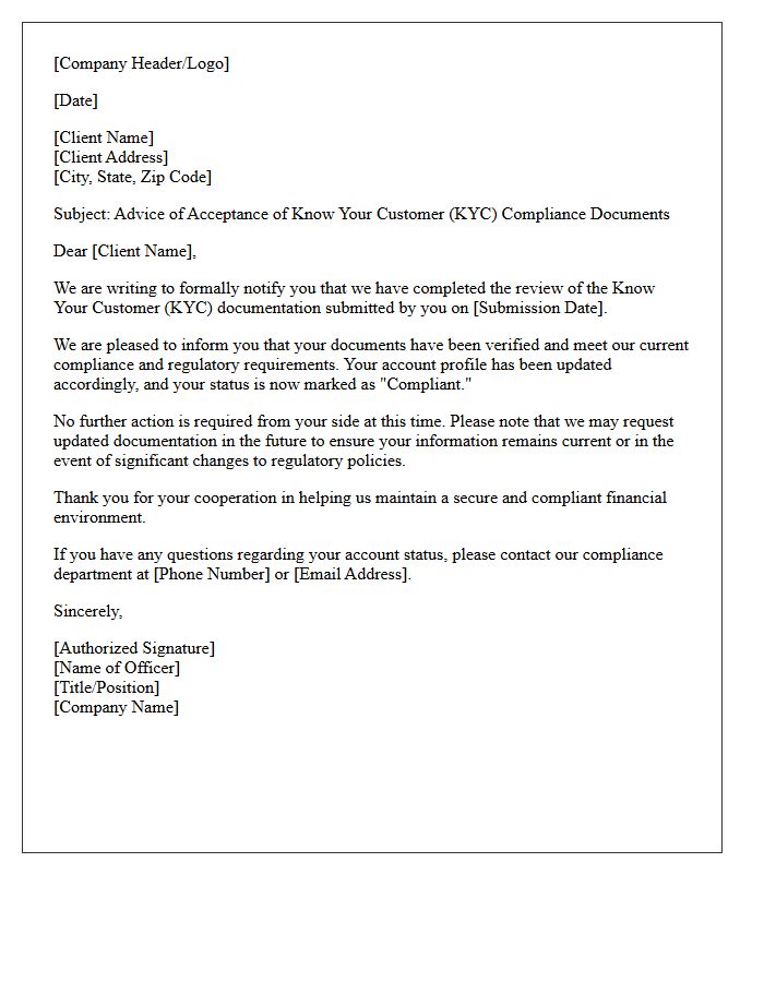 Letter of Advice of Acceptance of Know Your Customer Compliance Documents